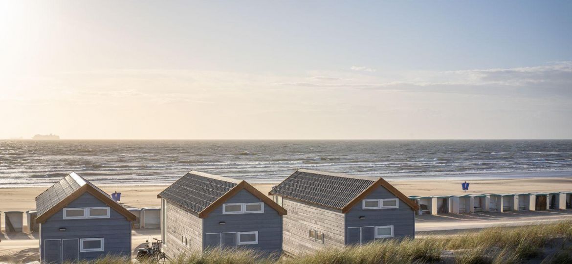 Beach with dressing rooms and resting cabins